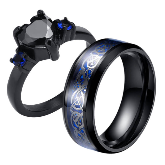 His and Her Heart Stone & Blue Band Ring