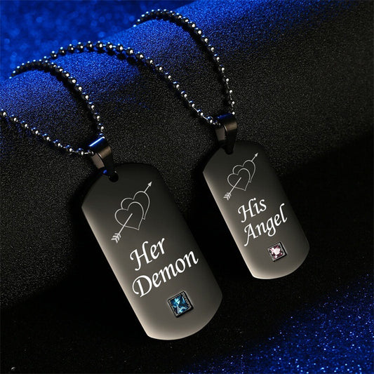 Black Her Demon His Angel Couple Necklaces