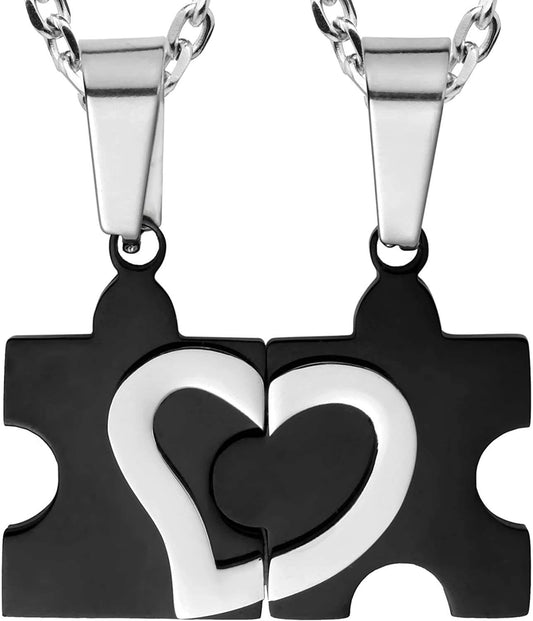 His & Hers Puzzle Heart Matching Couples Necklace Set