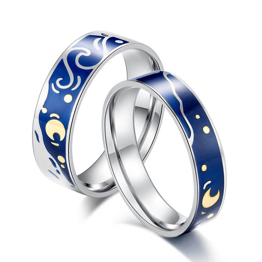 Romantic Blue Couple Rings Painting Stars Valentine's Gifts Customized