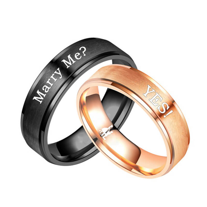 Black and Rose Gold Couple Promise Rings Engraved Marry Me? Yes！ –  GardeniaJewel